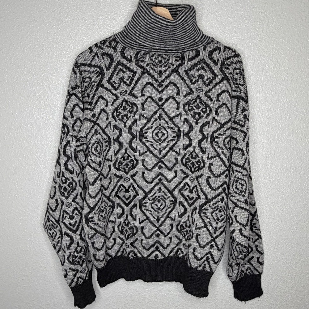 VTG James River Traders Wool Turtleneck‎ Sweater Geometric Knit Gray Black M